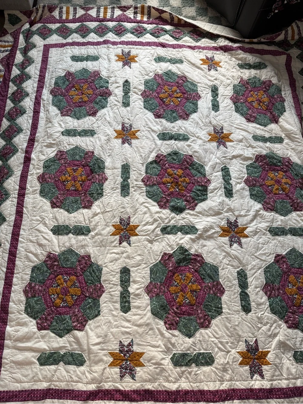 Vtg 90s Reproduction Quilt Patchwork Floral Medallion Queen Cotton Purple Green